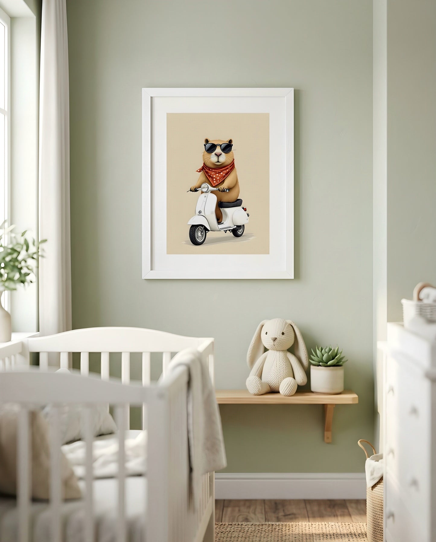 Nursery Capybara Scooter Retro Flat Character Printable Wall Art — framed in white on a neutral nursery wall