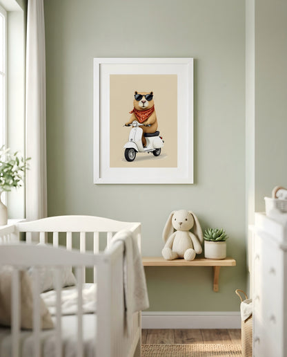 Nursery Capybara Scooter Retro Flat Character Printable Wall Art — framed in white on a neutral nursery wall