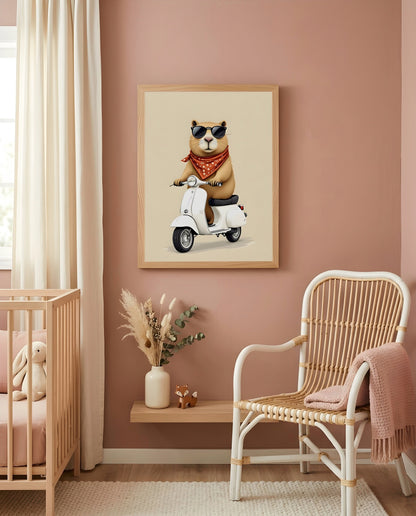 Nursery Capybara Scooter Retro Flat Character Printable Wall Art — displayed in a styled nursery room corner