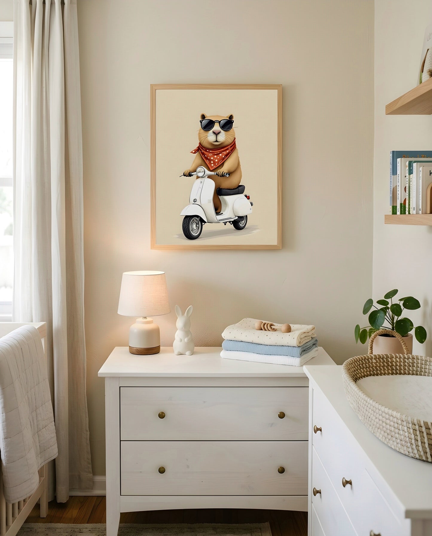Nursery Capybara Scooter Retro Flat Character Printable Wall Art — hung above a nursery dresser on a warm-toned wall