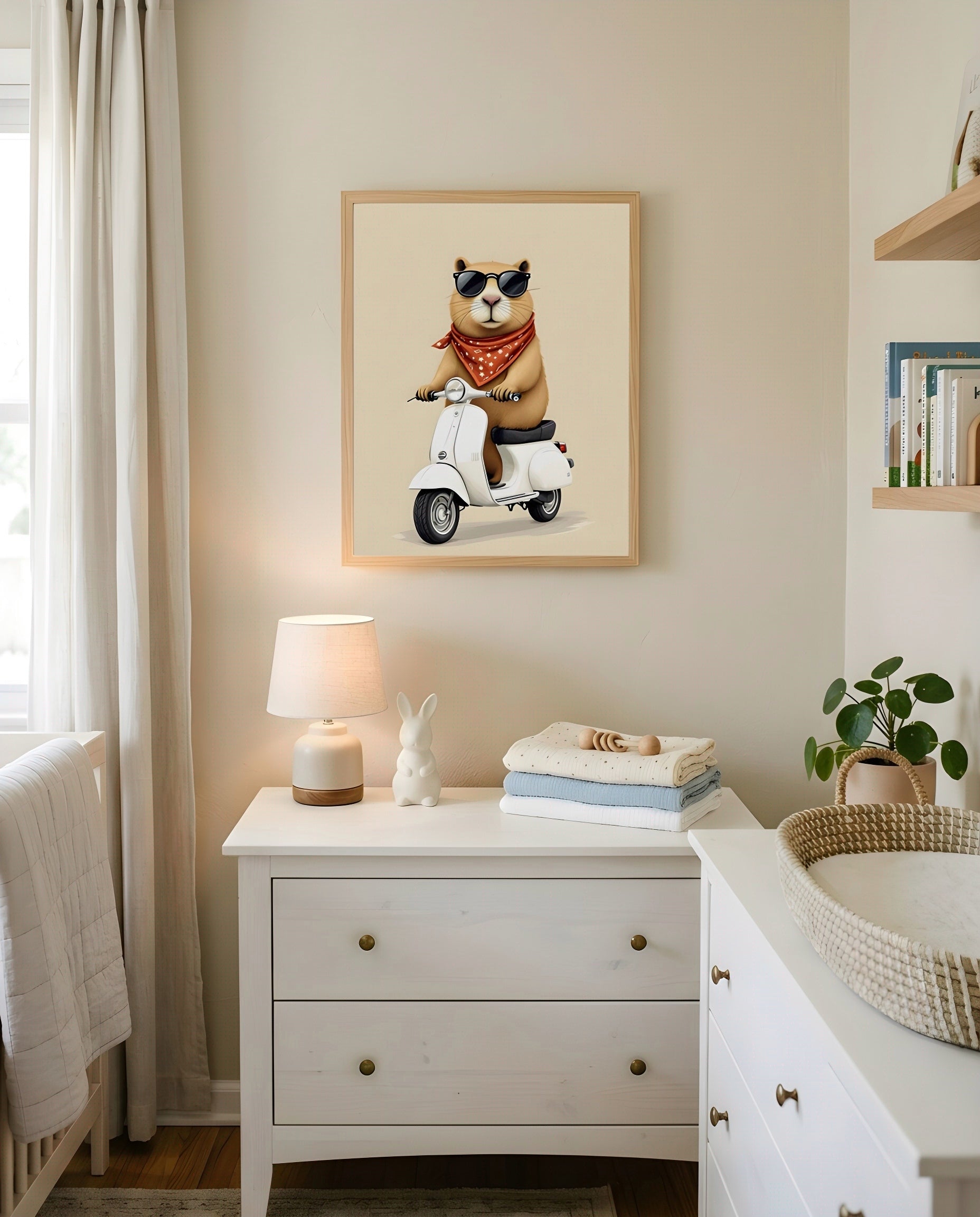 Nursery Capybara Scooter Retro Flat Character Printable Wall Art — hung above a nursery dresser on a warm-toned wall