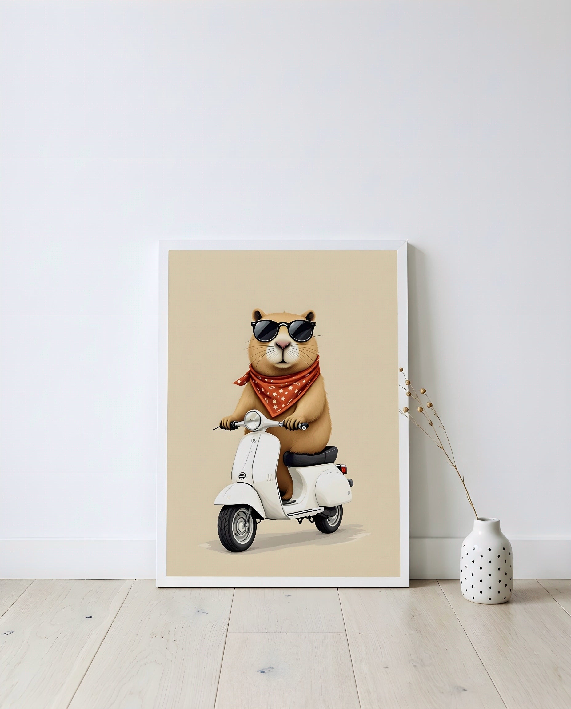 Nursery Capybara Scooter Retro Flat Character Printable Wall Art — displayed in a styled home setting