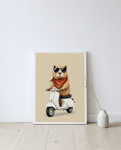 Nursery Capybara Scooter Retro Flat Character Printable Wall Art — displayed in a styled home setting