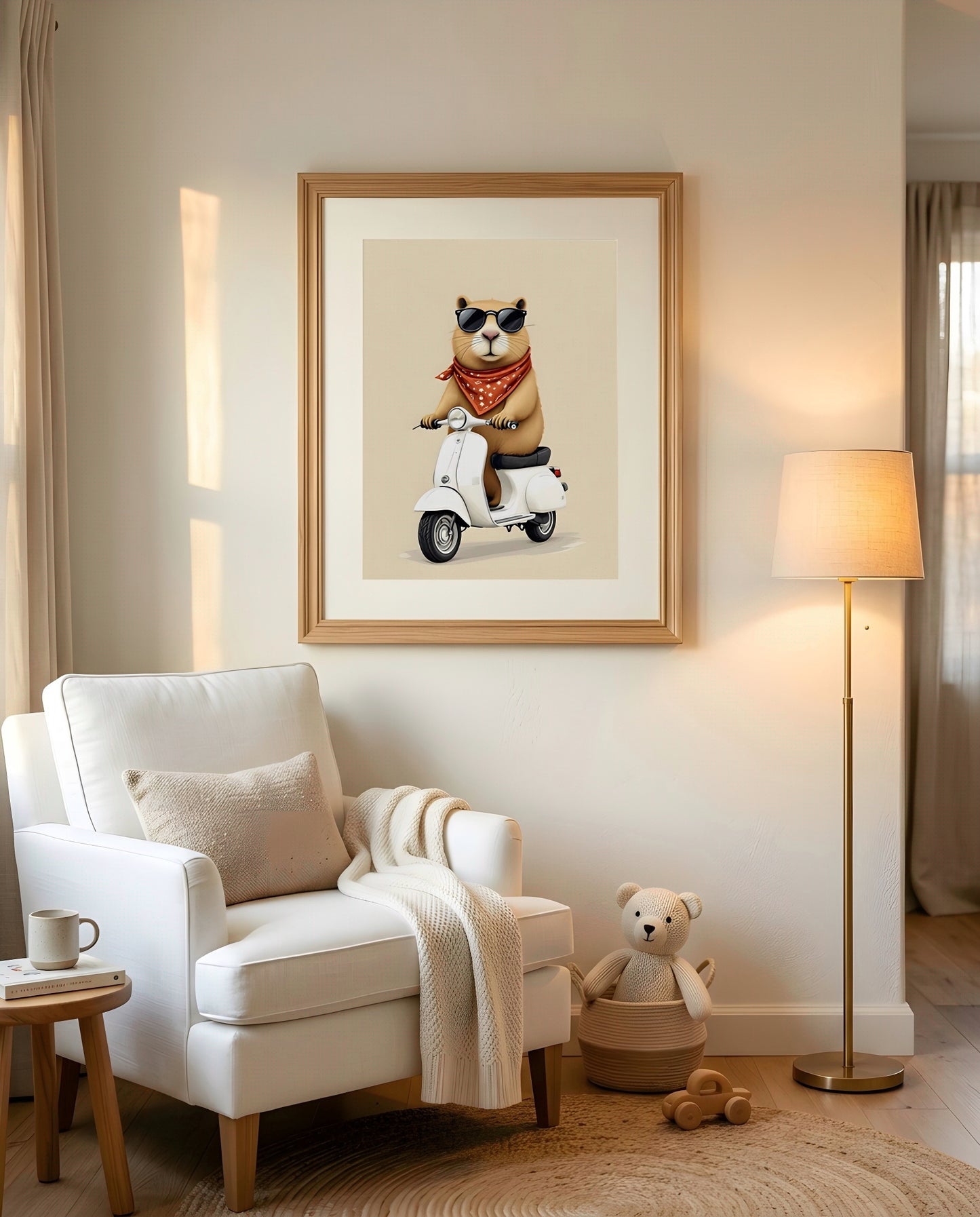 Nursery Capybara Scooter Retro Flat Character Printable Wall Art — displayed in a styled nursery room corner
