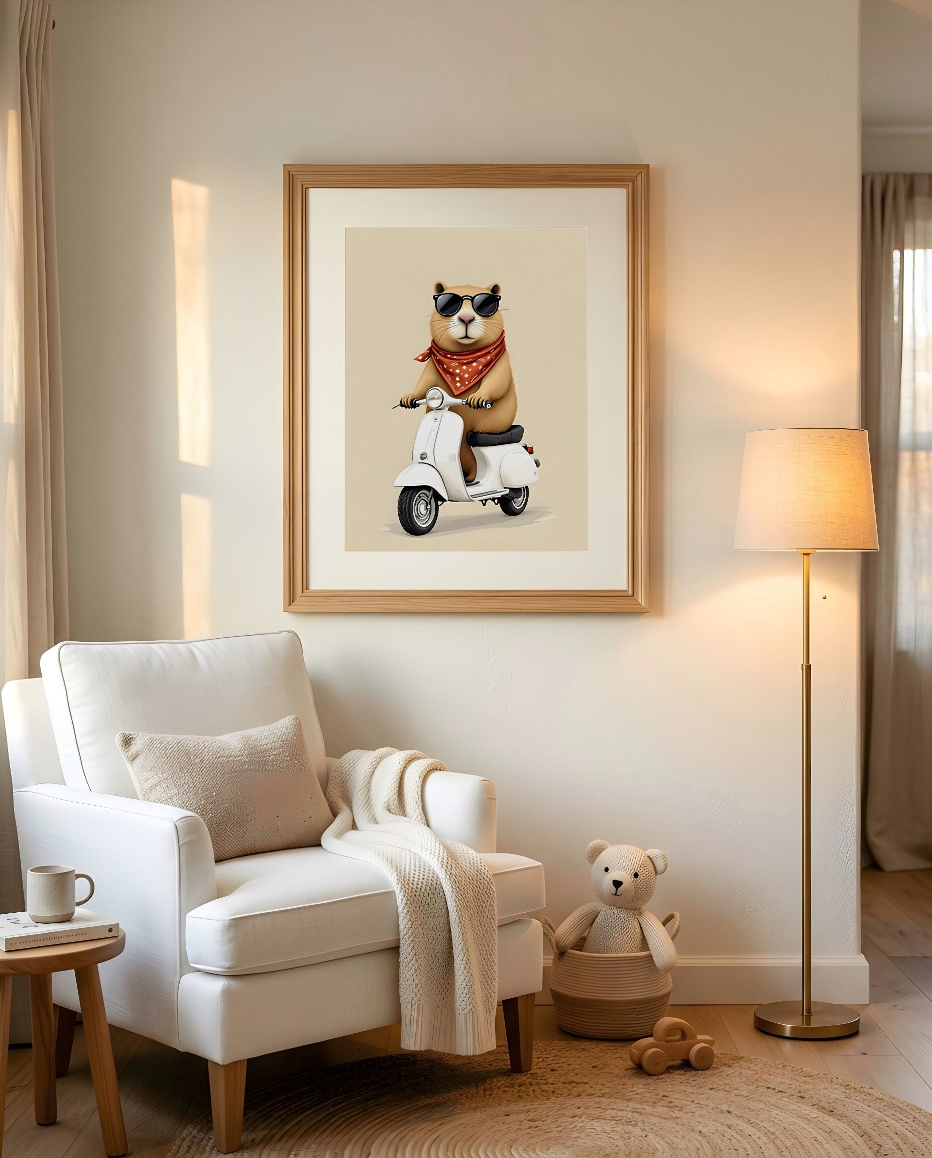 Nursery Capybara Scooter Retro Flat Character Printable Wall Art — displayed in a styled nursery room corner
