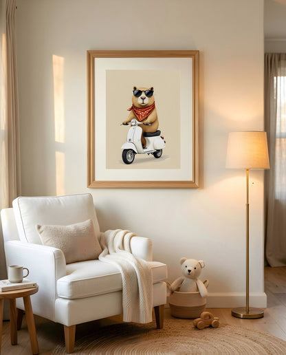 Nursery Capybara Scooter Retro Flat Character Printable Wall Art — displayed in a styled nursery room corner