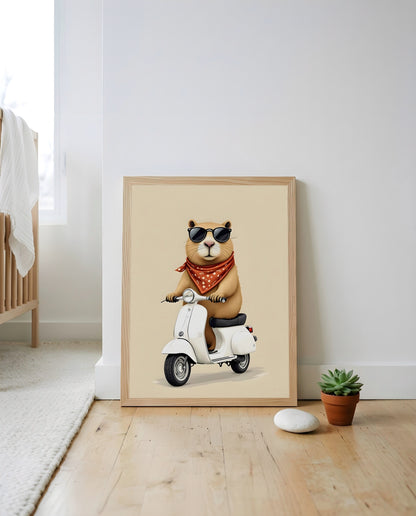 Nursery Capybara Scooter Retro Flat Character Printable Wall Art — leaning against a wall in a styled setting