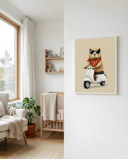 Nursery Capybara Scooter Retro Flat Character Printable Wall Art — displayed beside a window in warm natural light