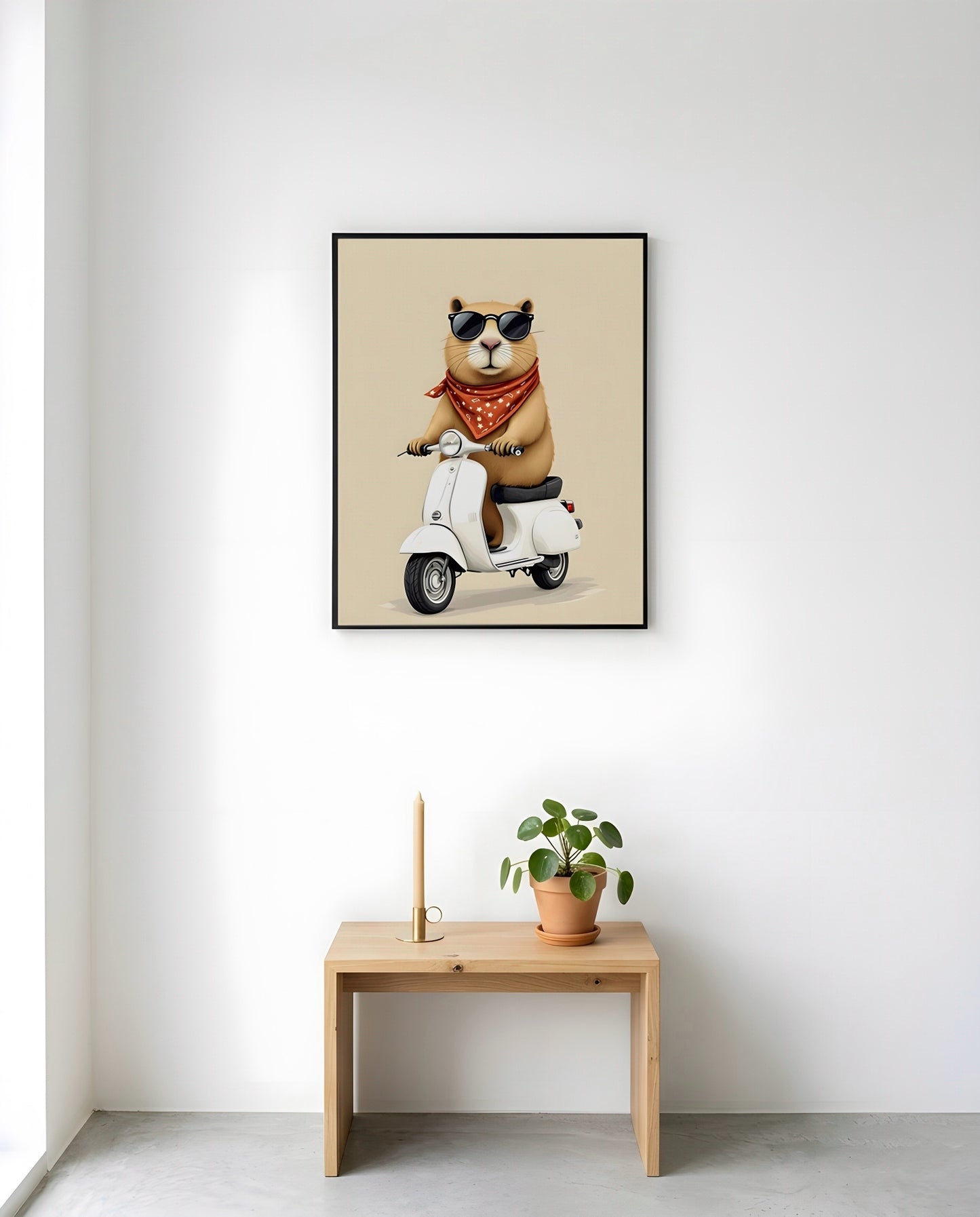 Nursery Capybara Scooter Retro Flat Character Printable Wall Art — displayed in a styled nursery room corner