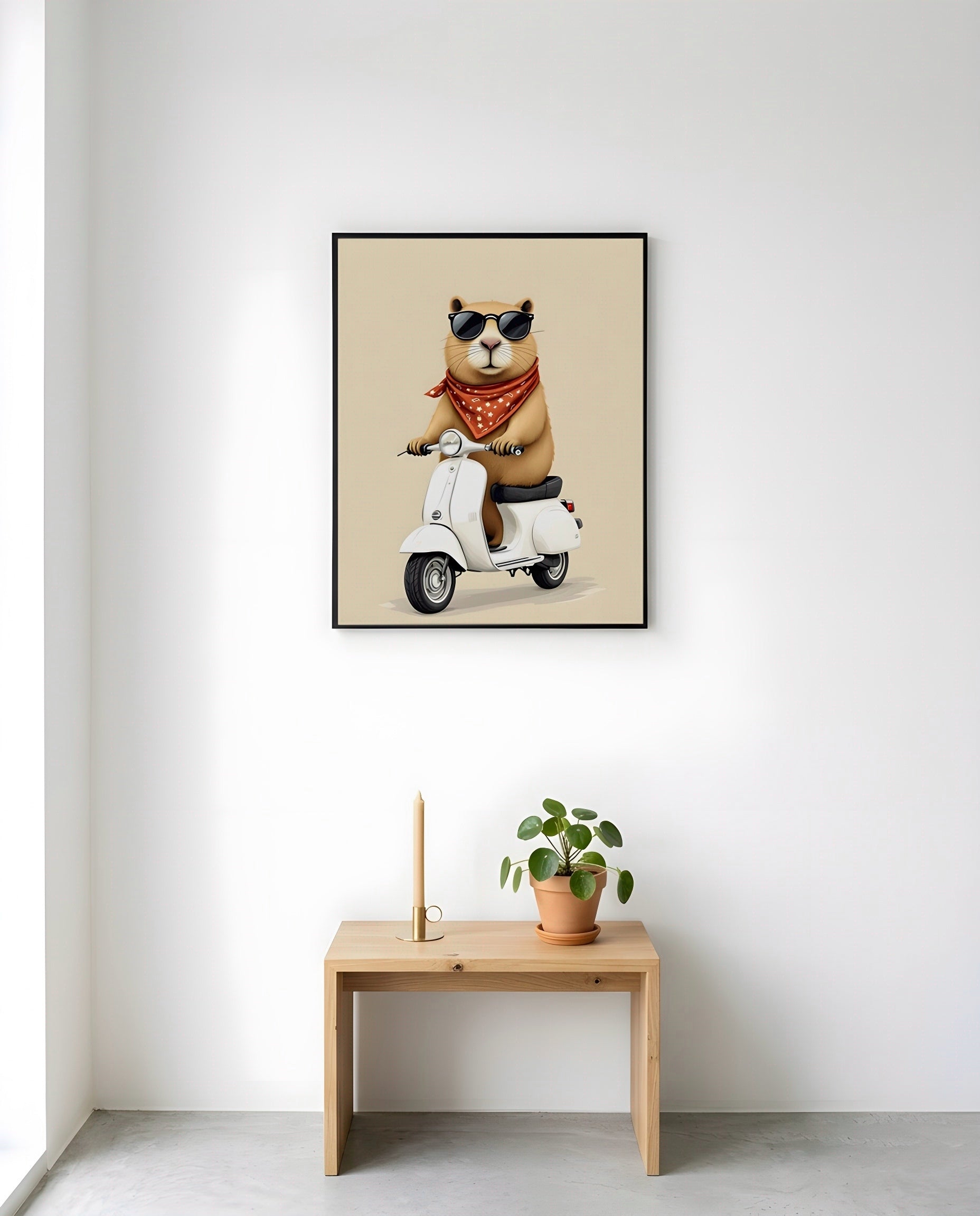 Nursery Capybara Scooter Retro Flat Character Printable Wall Art — displayed in a styled nursery room corner