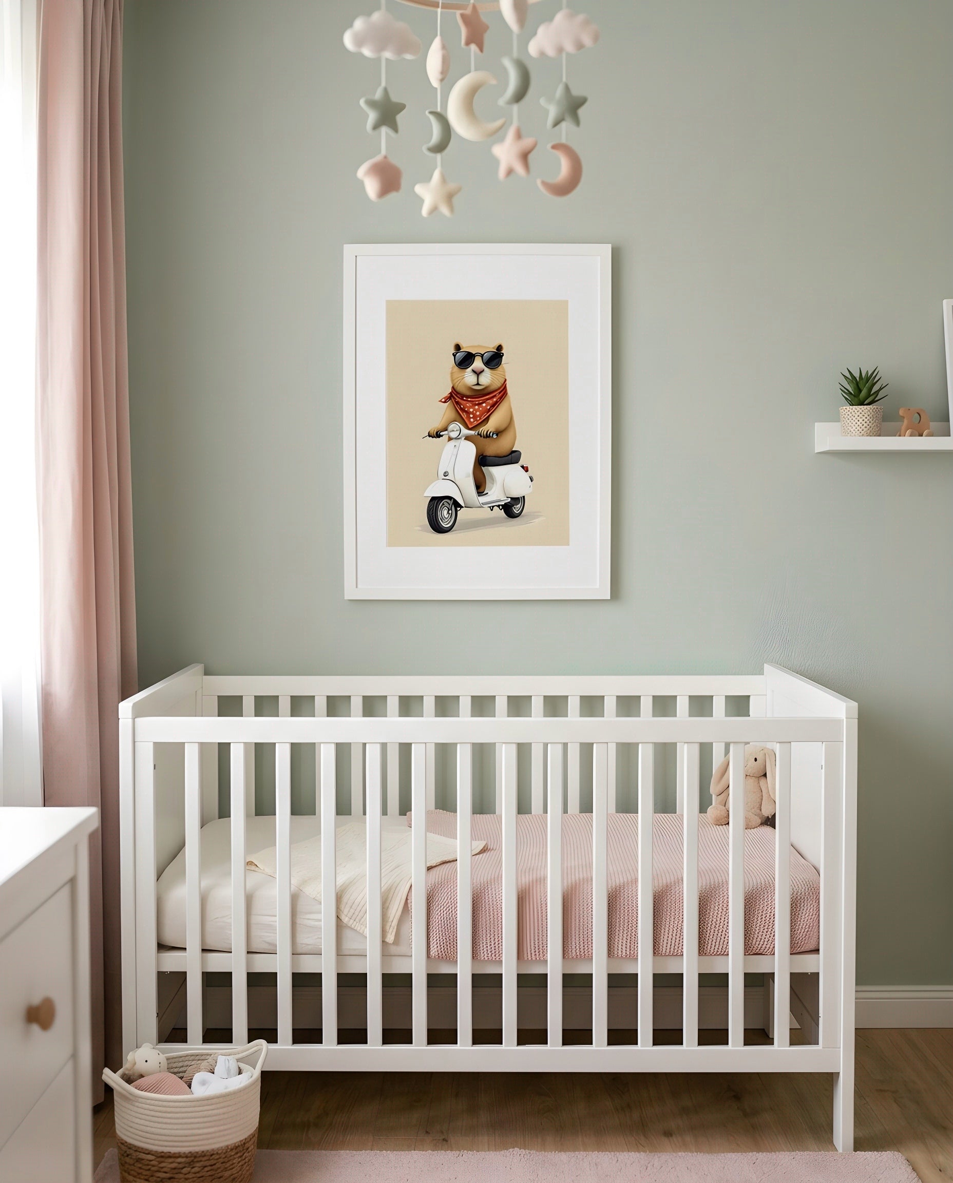Nursery Capybara Scooter Retro Flat Character Printable Wall Art — framed in white above a crib in a softly lit nursery