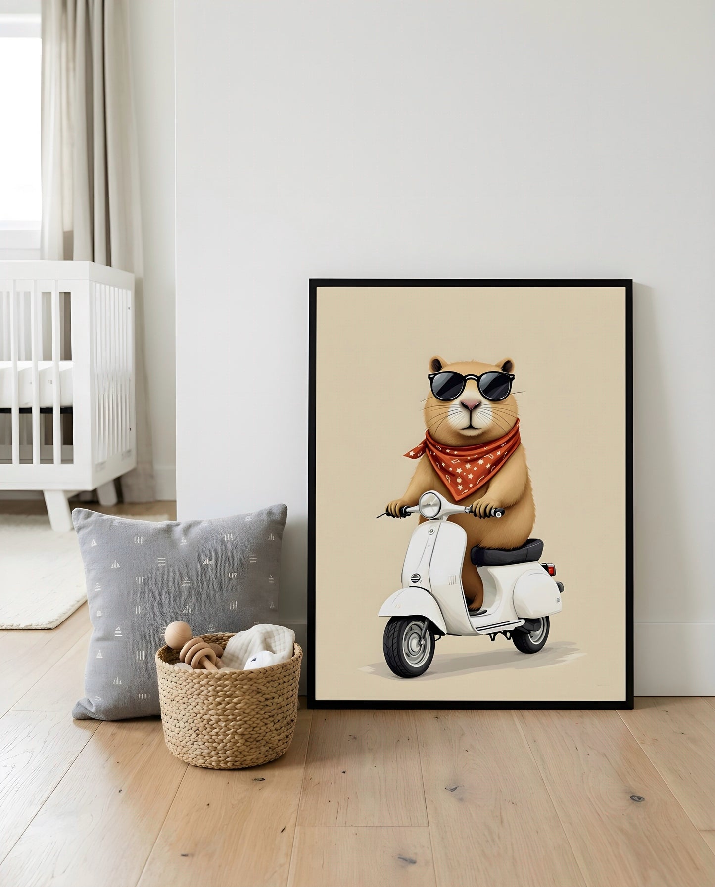 Nursery Capybara Scooter Retro Flat Character Printable Wall Art — displayed in a styled home setting