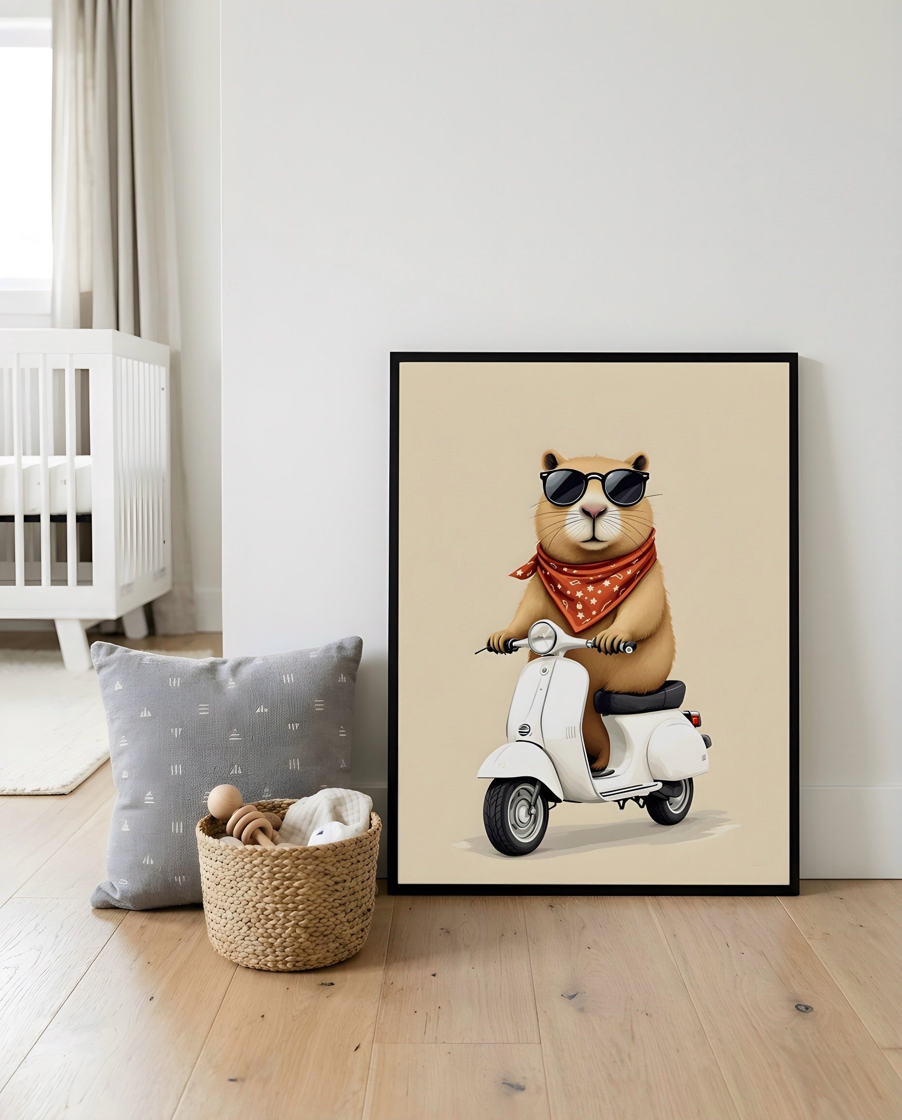 Nursery Capybara Scooter Retro Flat Character Printable Wall Art — displayed in a styled home setting