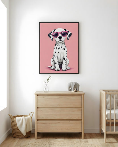 Nursery Dalmatian Puppy Retro Flat Character Printable Wall Art — framed in white on a neutral nursery wall