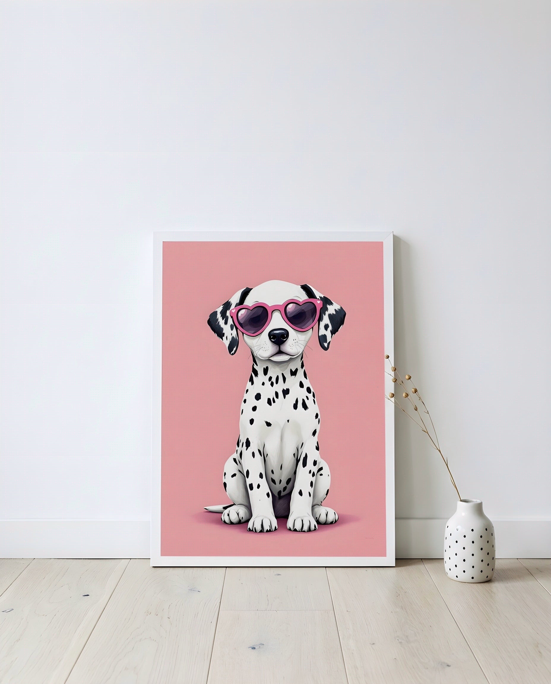 Nursery Dalmatian Puppy Retro Flat Character Printable Wall Art — displayed in a styled home setting