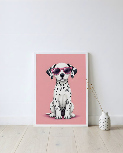 Nursery Dalmatian Puppy Retro Flat Character Printable Wall Art — displayed in a styled home setting