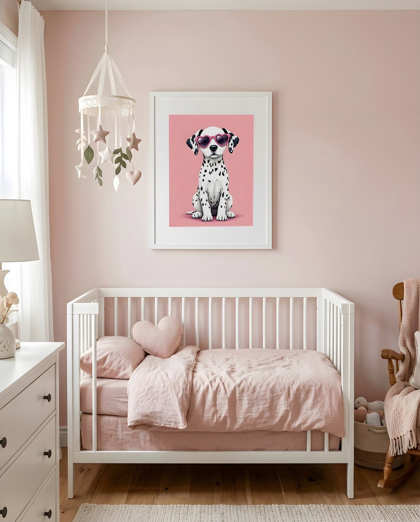 Nursery Dalmatian Puppy Retro Flat Character Printable Wall Art — framed in white above a crib in a softly lit nursery