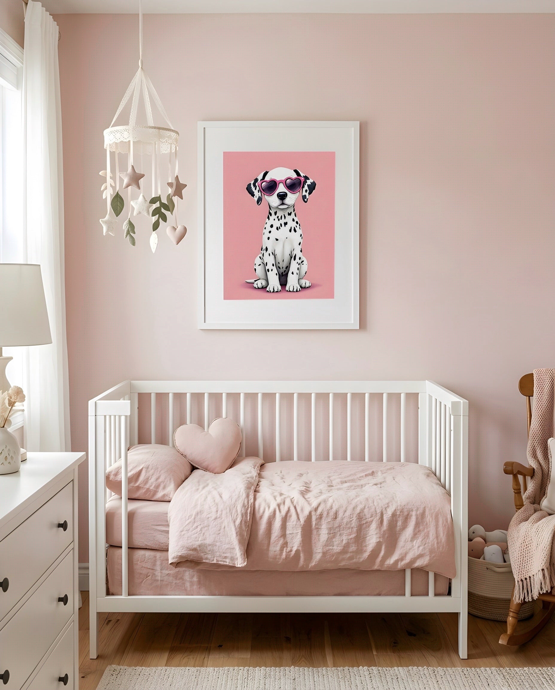 Nursery Dalmatian Puppy Retro Flat Character Printable Wall Art — framed in white above a crib in a softly lit nursery