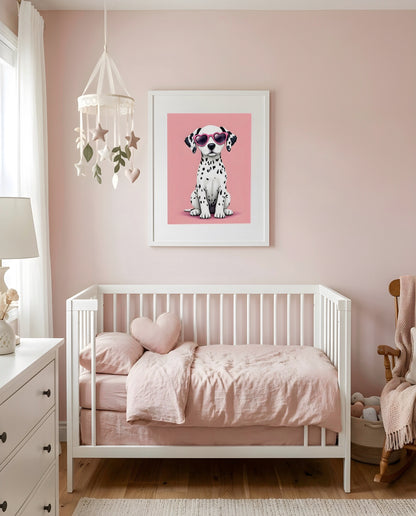 Nursery Dalmatian Puppy Retro Flat Character Printable Wall Art — framed in white above a crib in a softly lit nursery