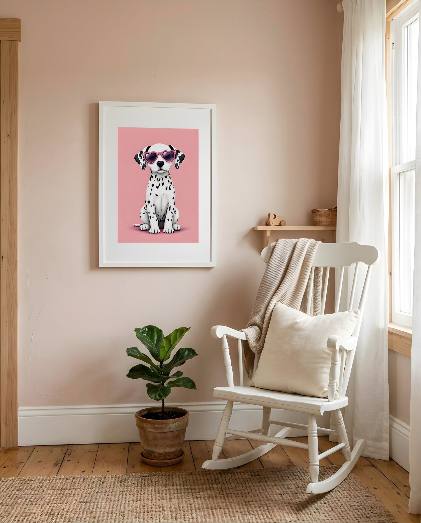 Nursery Dalmatian Puppy Retro Flat Character Printable Wall Art — displayed in a styled nursery room corner