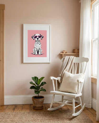 Nursery Dalmatian Puppy Retro Flat Character Printable Wall Art — displayed in a styled nursery room corner