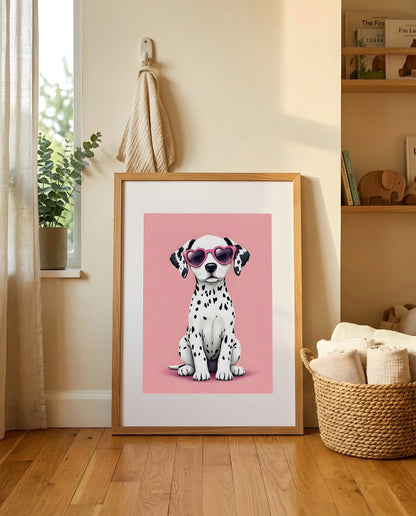 Nursery Dalmatian Puppy Retro Flat Character Printable Wall Art — leaning against a light wall in a nursery setting