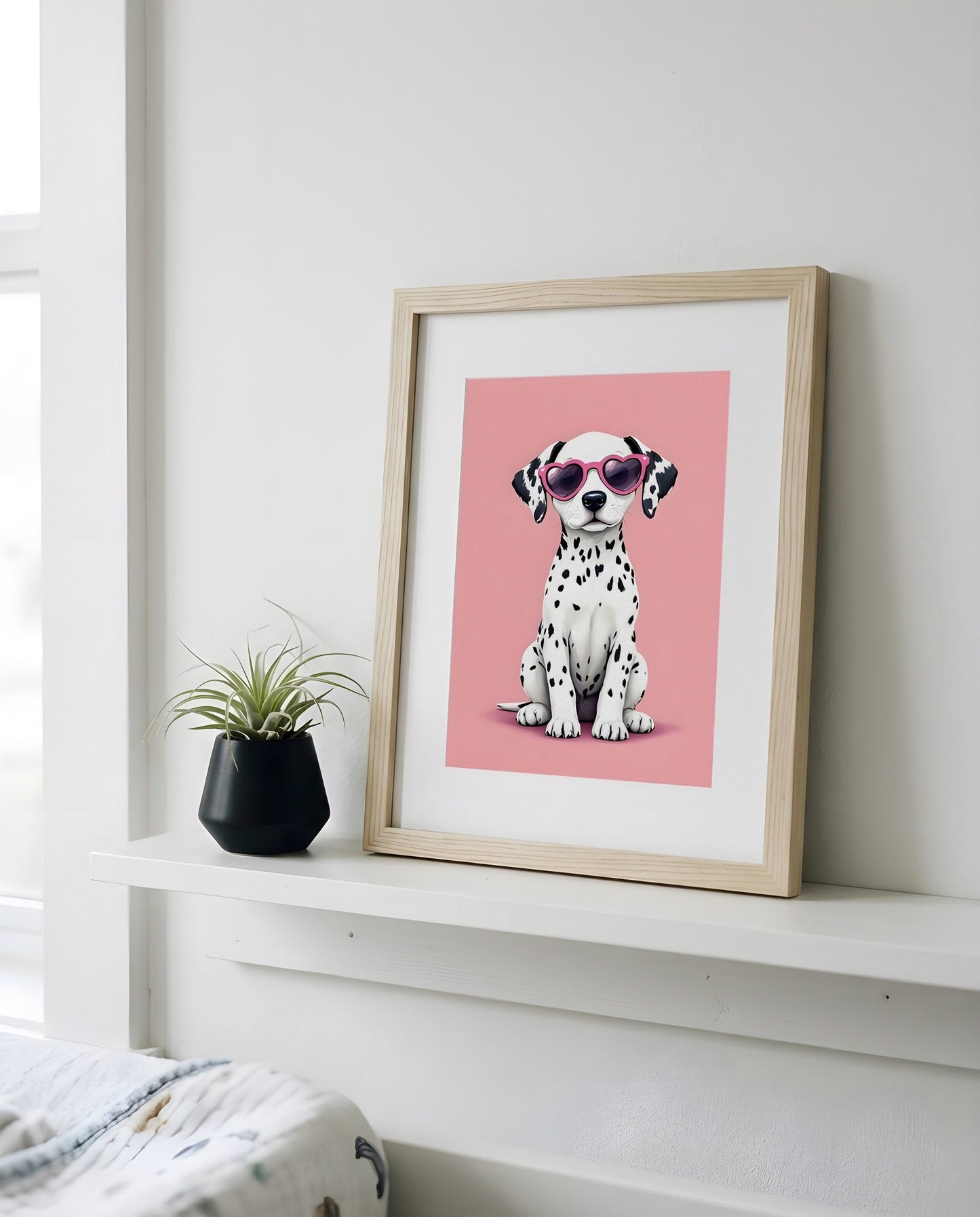 Nursery Dalmatian Puppy Retro Flat Character Printable Wall Art — propped on a wooden nursery shelf with decor