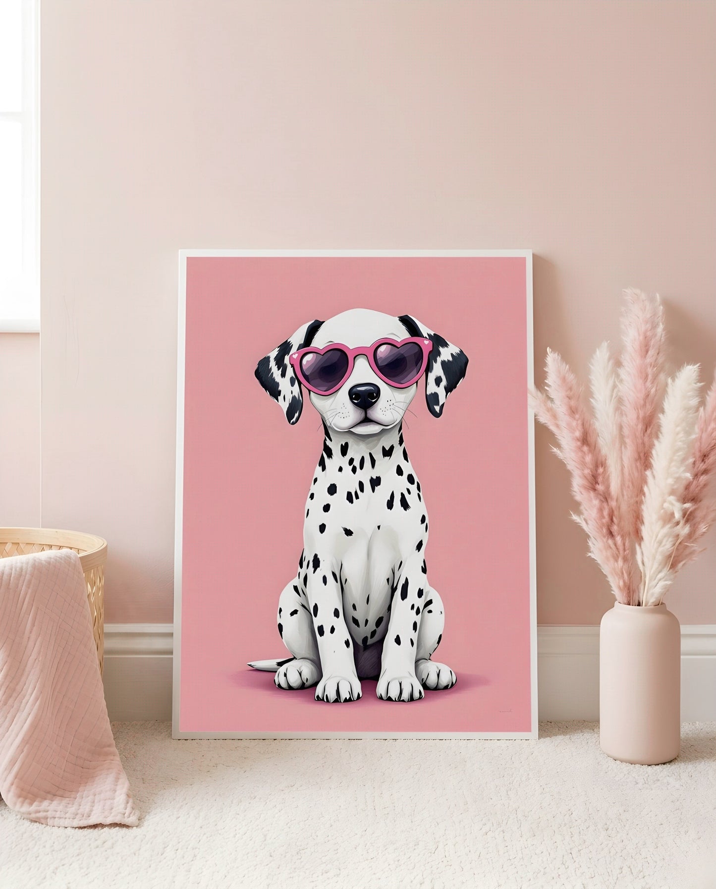 Nursery Dalmatian Puppy Retro Flat Character Printable Wall Art — leaning against a light wall in a nursery setting