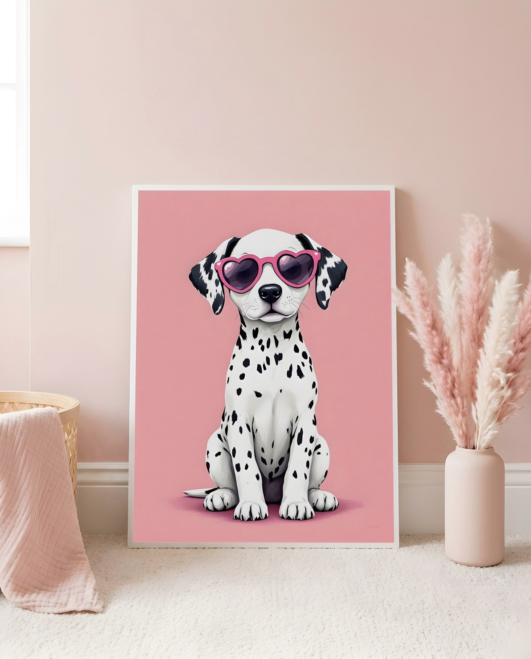 Nursery Dalmatian Puppy Retro Flat Character Printable Wall Art — leaning against a light wall in a nursery setting