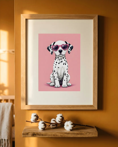 Nursery Dalmatian Puppy Retro Flat Character Printable Wall Art — close-up on a nursery shelf alongside small ornaments