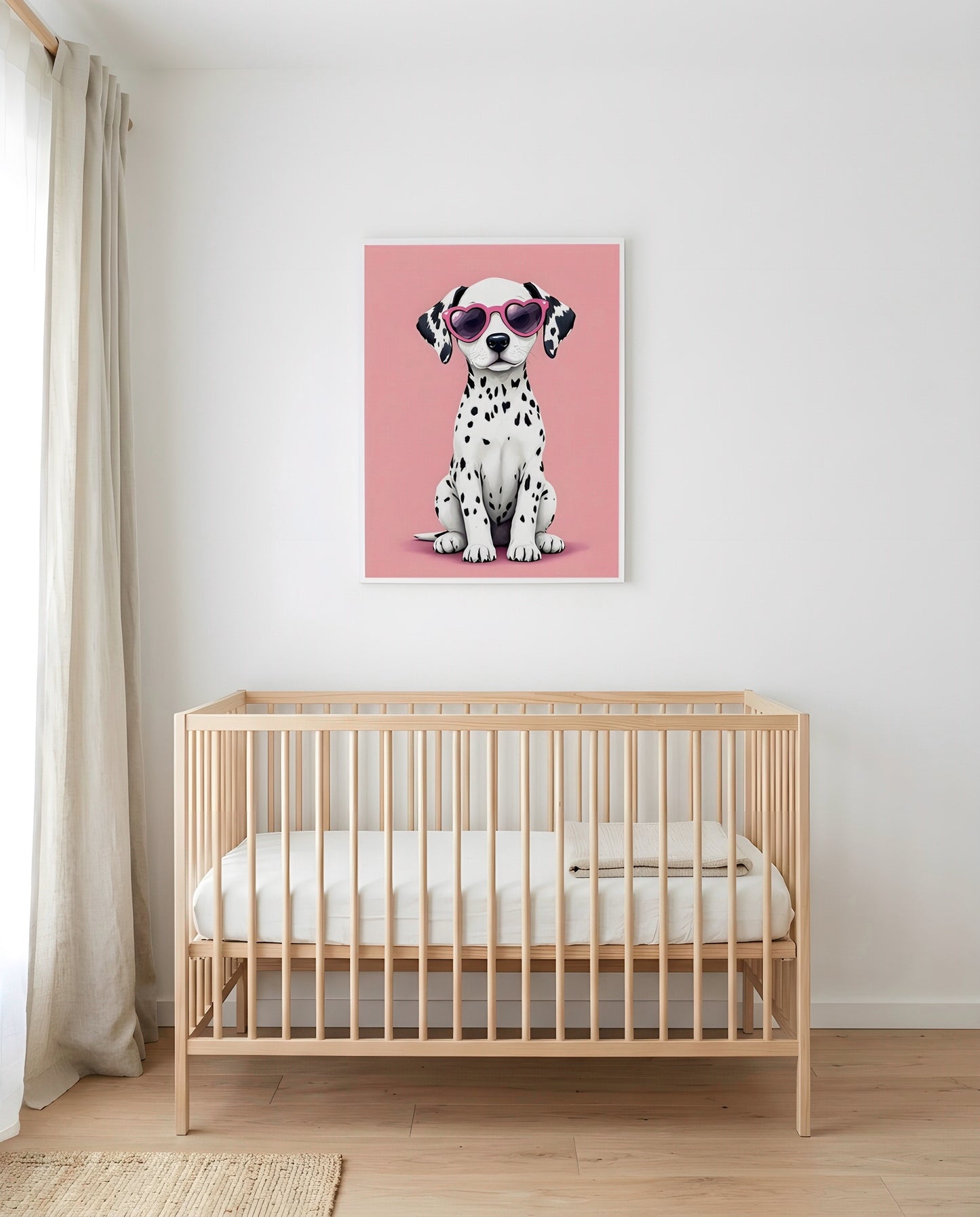 Nursery Dalmatian Puppy Retro Flat Character Printable Wall Art — framed in white above a crib in a softly lit nursery