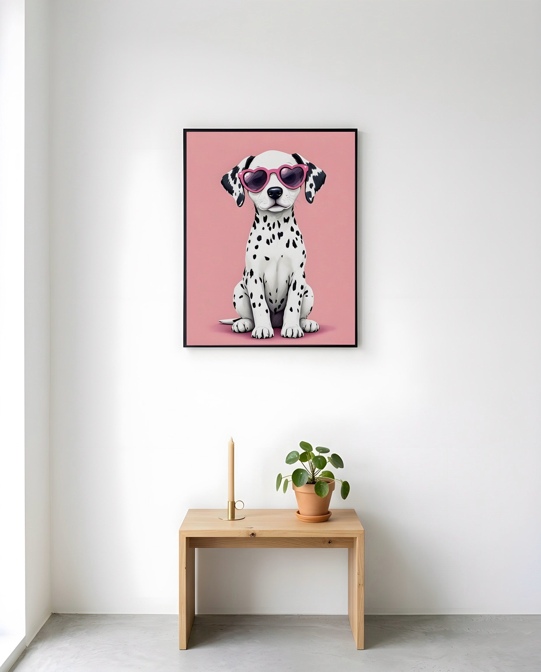 Nursery Dalmatian Puppy Retro Flat Character Printable Wall Art — displayed in a styled nursery room corner