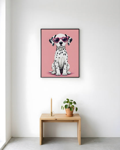 Nursery Dalmatian Puppy Retro Flat Character Printable Wall Art — displayed in a styled nursery room corner