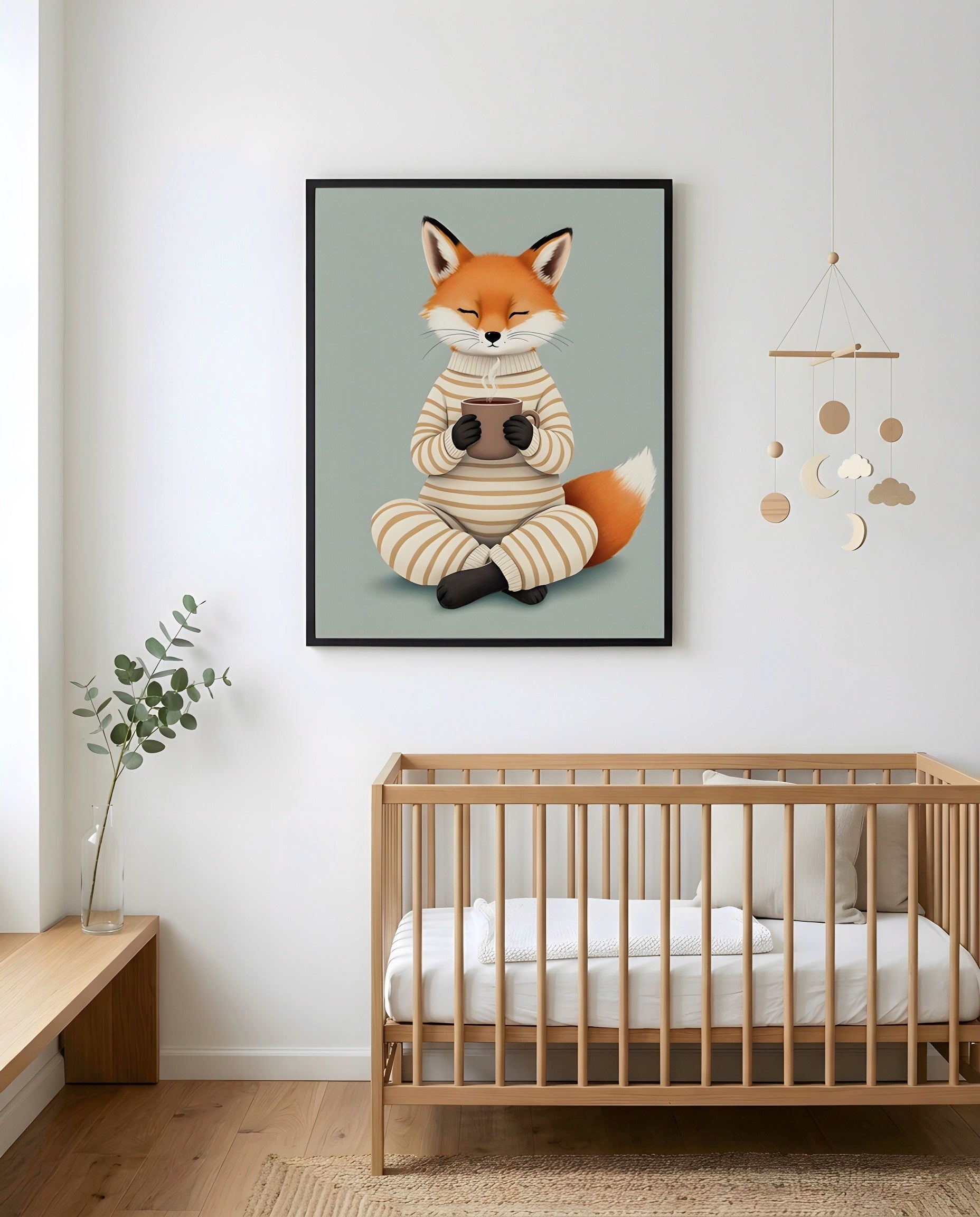 Nursery Fox Cub Hot Chocolate Retro Flat Character Printable Wall Art — framed in white on a neutral nursery wall