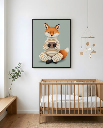 Nursery Fox Cub Hot Chocolate Retro Flat Character Printable Wall Art — framed in white on a neutral nursery wall