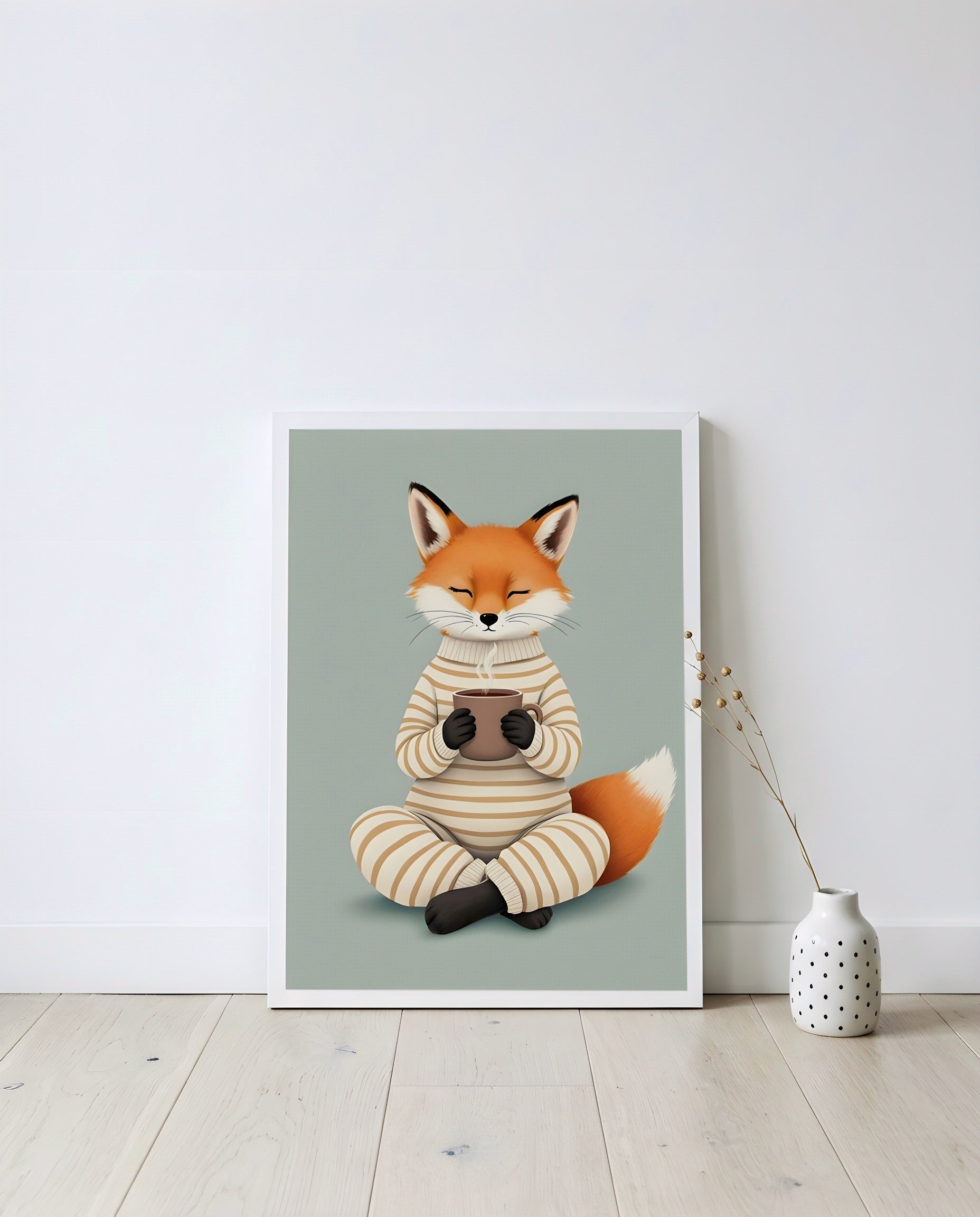Nursery Fox Cub Hot Chocolate Retro Flat Character Printable Wall Art — displayed in a styled home setting