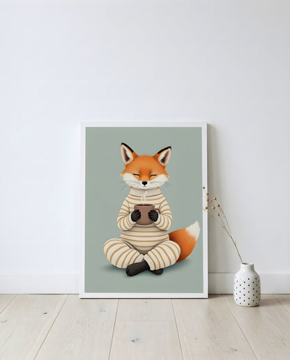 Nursery Fox Cub Hot Chocolate Retro Flat Character Printable Wall Art — displayed in a styled home setting