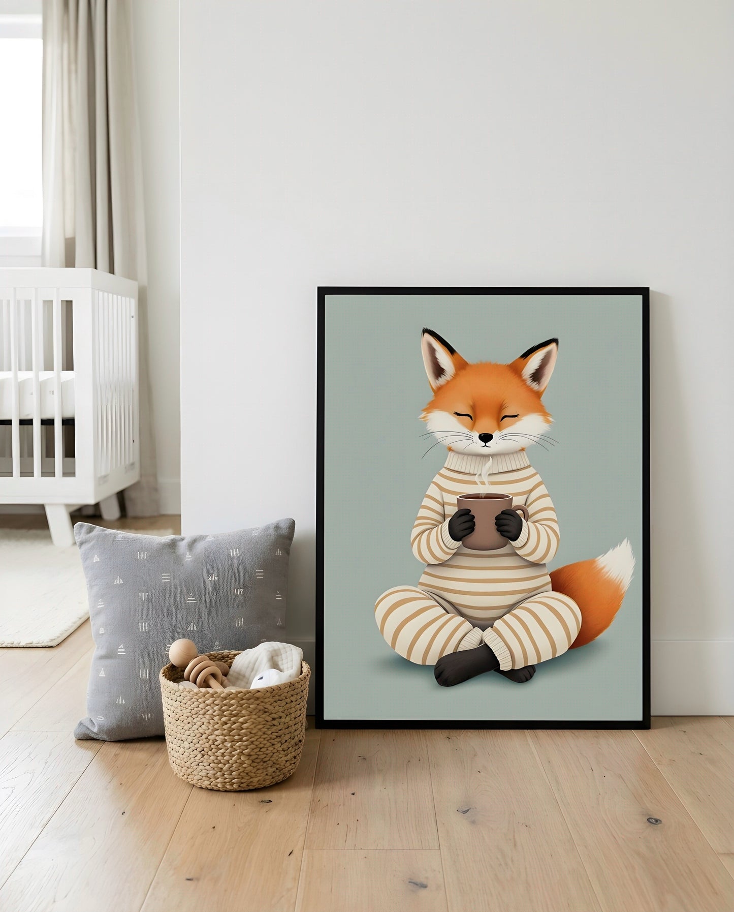Nursery Fox Cub Hot Chocolate Retro Flat Character Printable Wall Art — displayed in a styled home setting