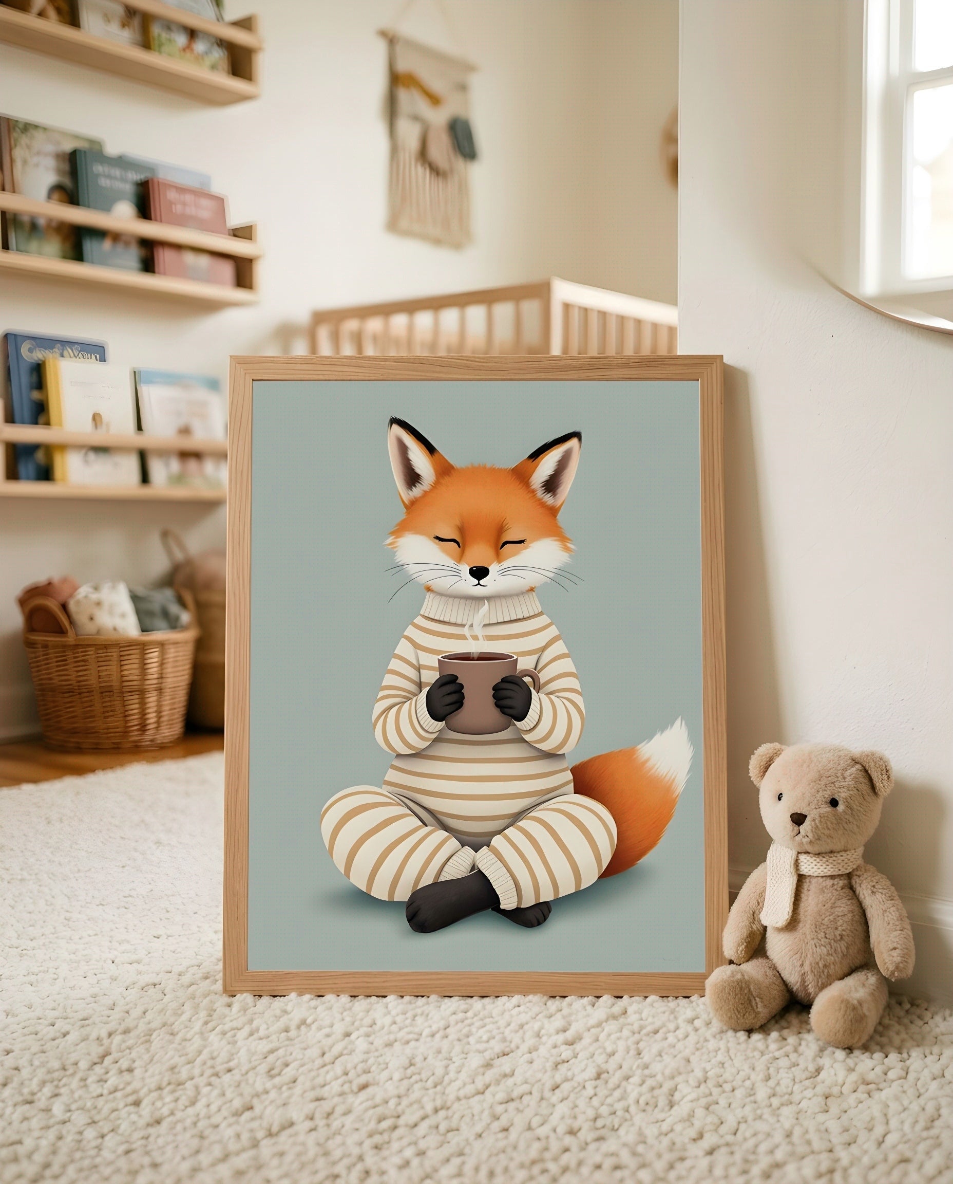 Nursery Fox Cub Hot Chocolate Retro Flat Character Printable Wall Art — leaning against a wall in a minimal clean setting