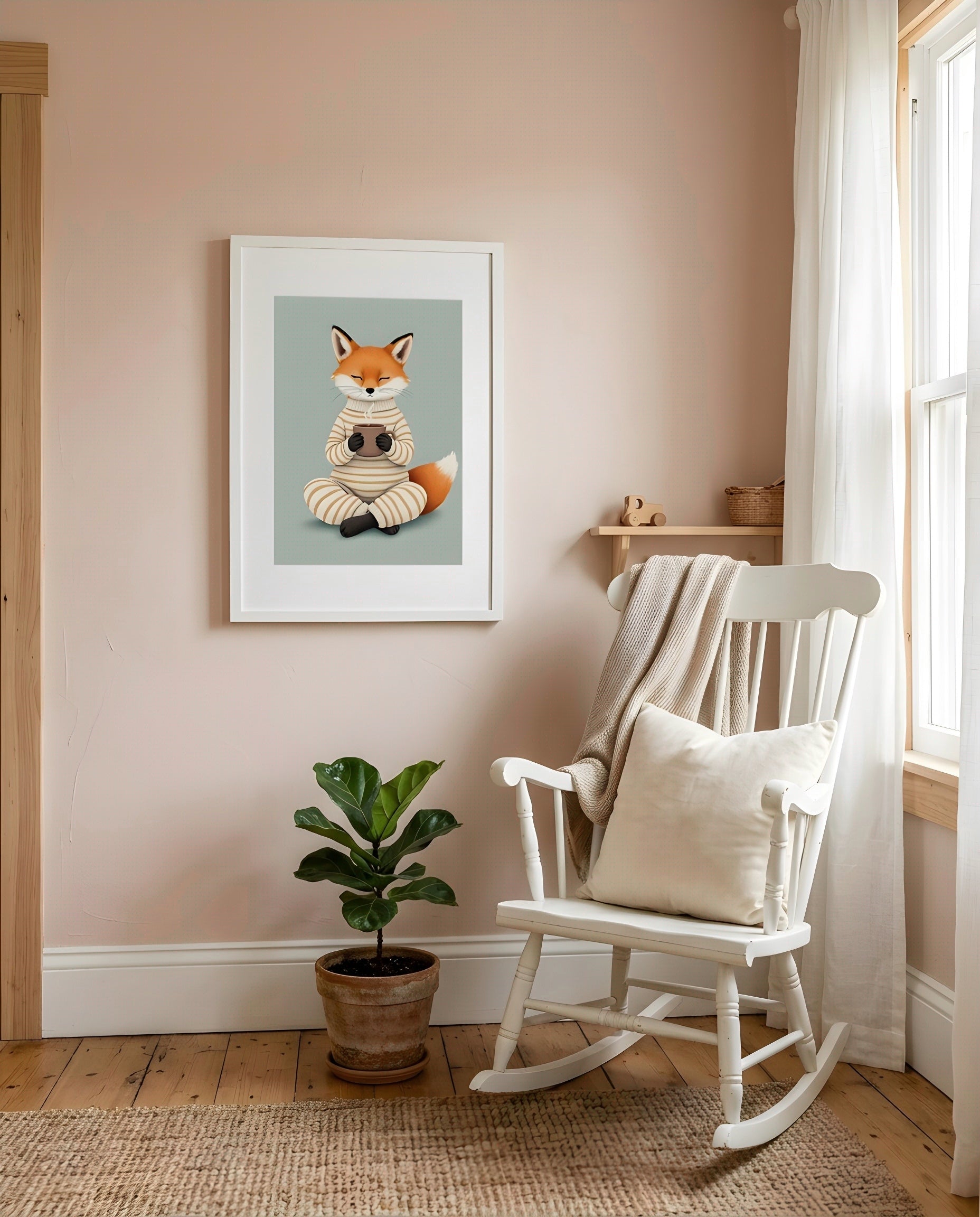 Nursery Fox Cub Hot Chocolate Retro Flat Character Printable Wall Art — displayed in a styled nursery room corner