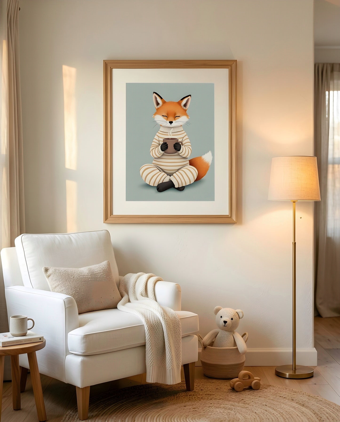 Nursery Fox Cub Hot Chocolate Retro Flat Character Printable Wall Art — displayed in a styled nursery room corner