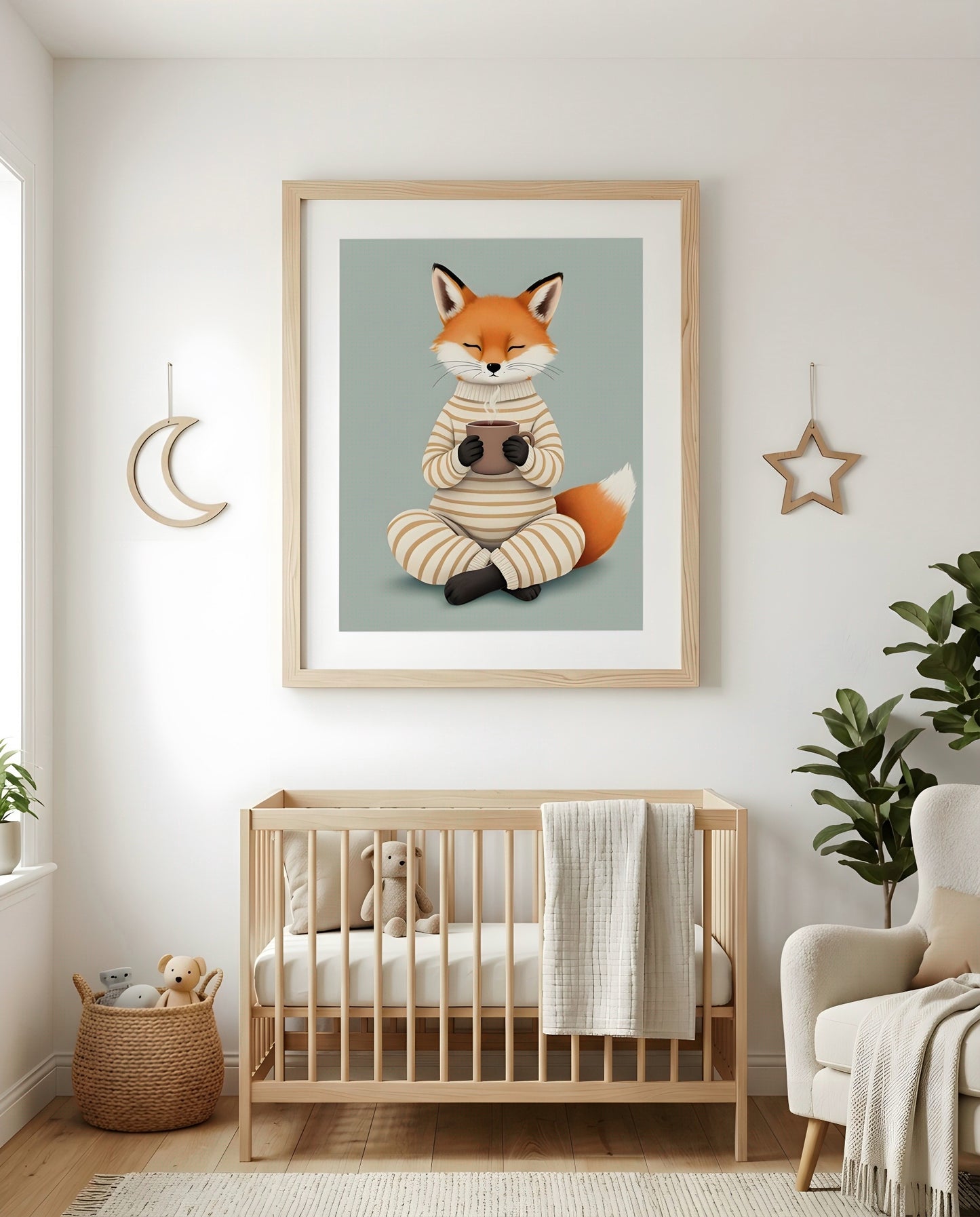 Nursery Fox Cub Hot Chocolate Retro Flat Character Printable Wall Art — as part of a gallery wall arrangement