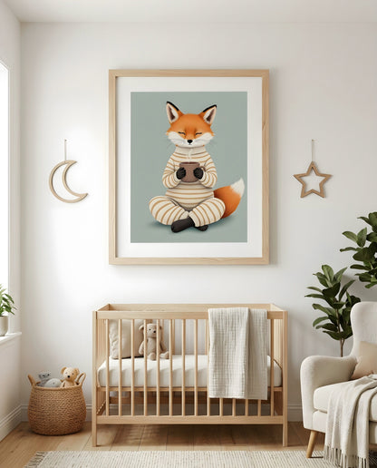 Nursery Fox Cub Hot Chocolate Retro Flat Character Printable Wall Art — as part of a gallery wall arrangement