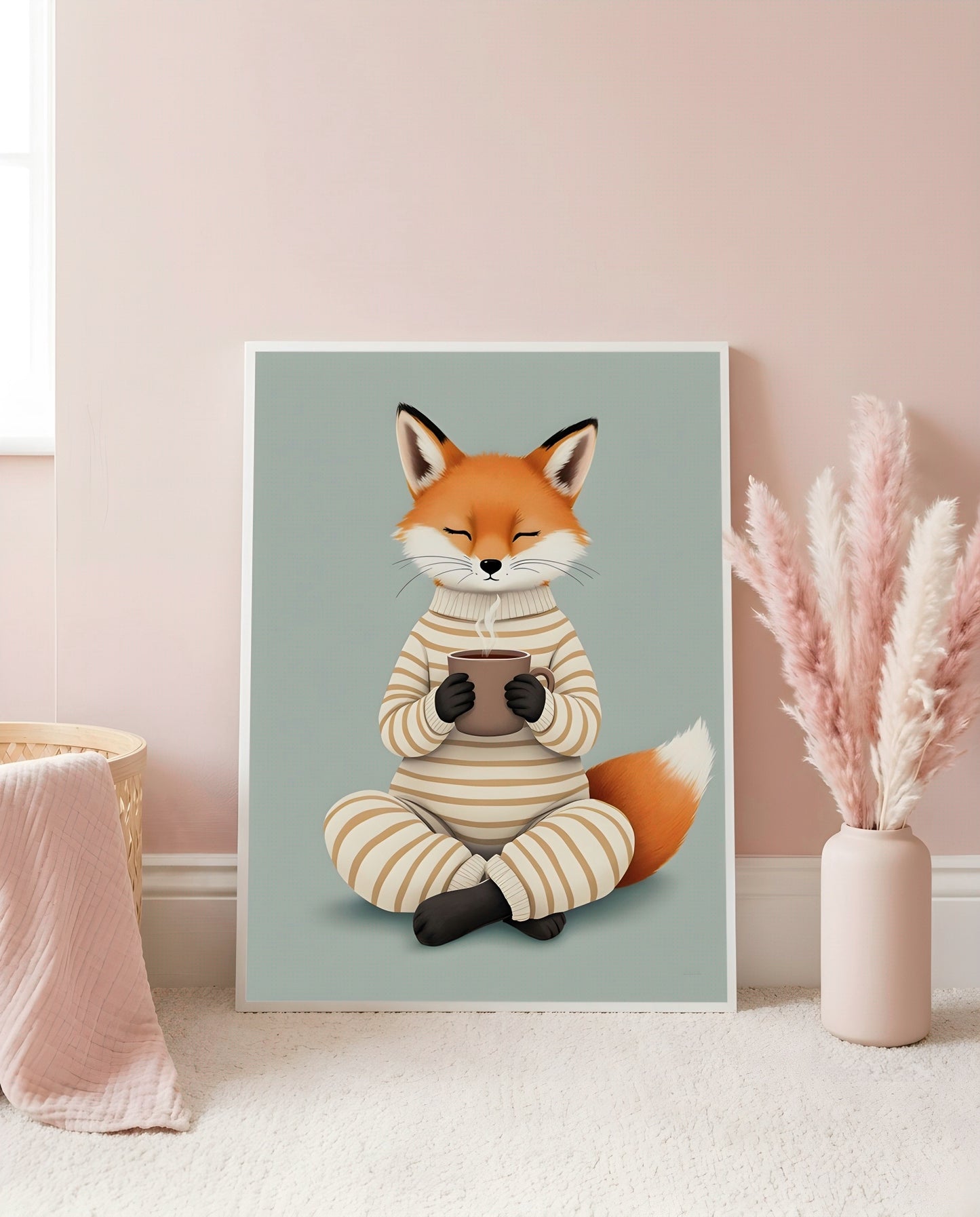 Nursery Fox Cub Hot Chocolate Retro Flat Character Printable Wall Art — leaning against a light wall in a nursery setting