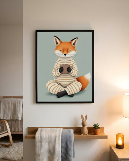 Nursery Fox Cub Hot Chocolate Retro Flat Character Printable Wall Art — displayed in a styled home setting