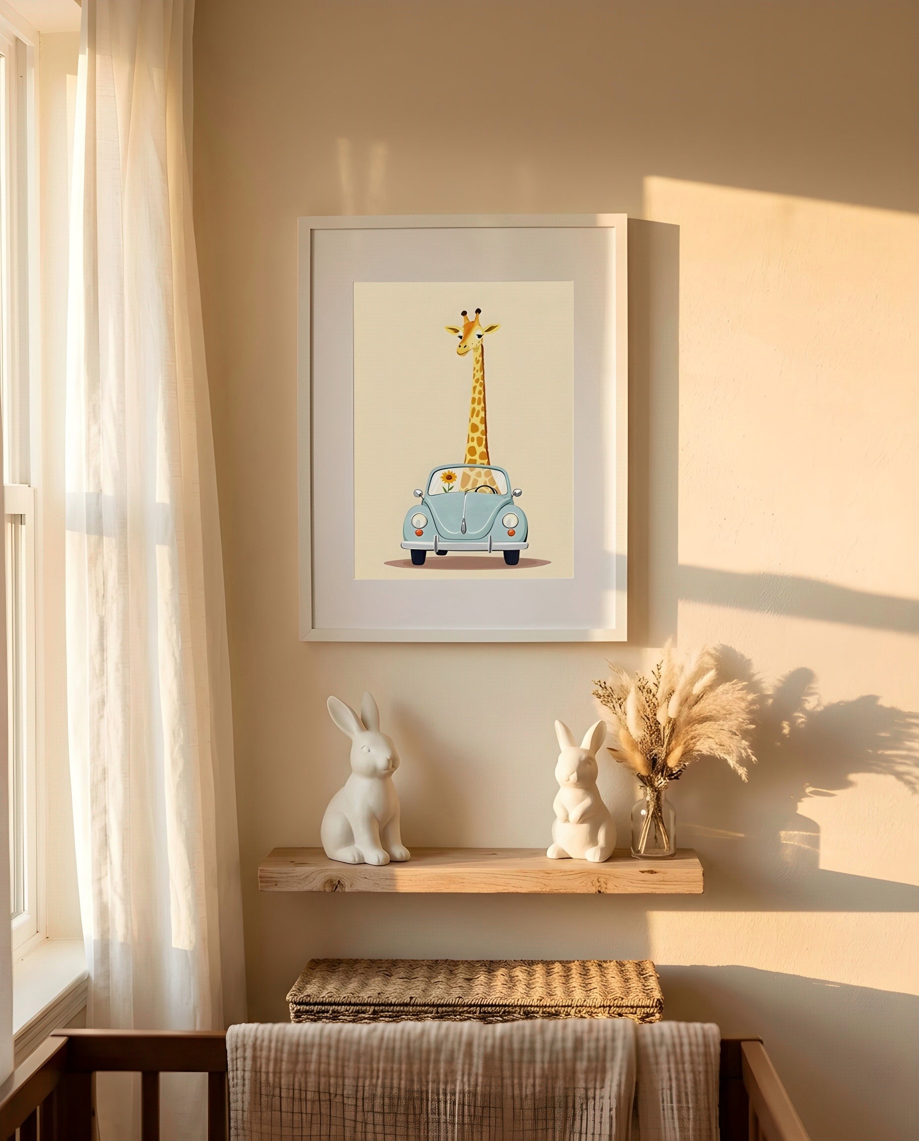 Nursery Giraffe Vintage Car Retro Flat Character Printable Wall Art — framed in white on a neutral nursery wall