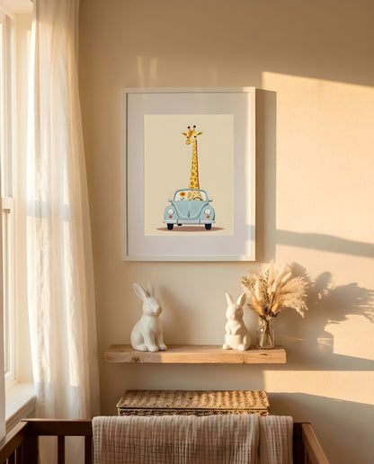 Nursery Giraffe Vintage Car Retro Flat Character Printable Wall Art — framed in white on a neutral nursery wall