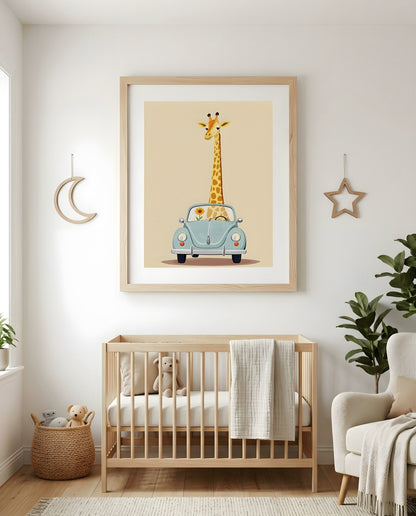 Nursery Giraffe Vintage Car Retro Flat Character Printable Wall Art — as part of a gallery wall arrangement