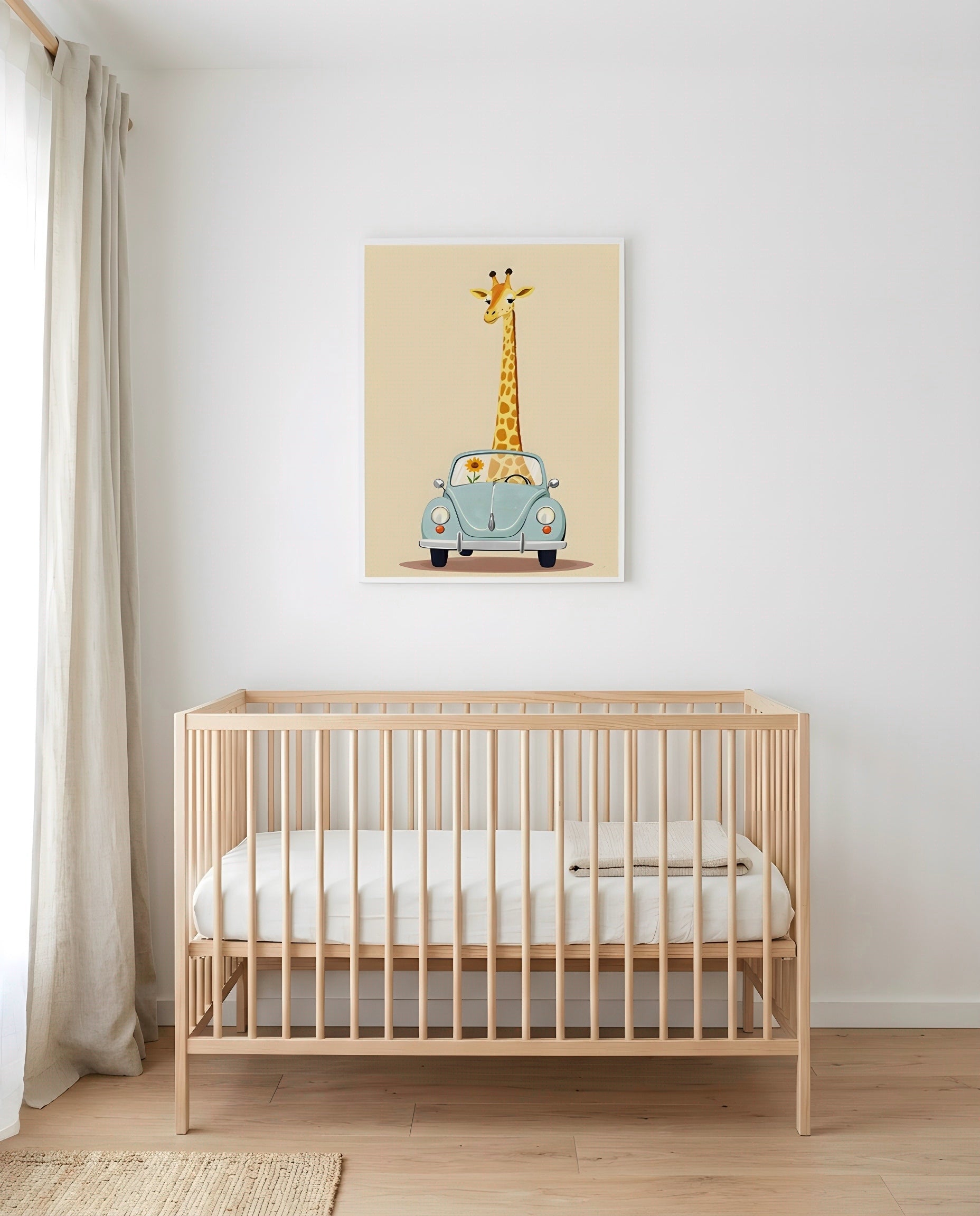 Nursery Giraffe Vintage Car Retro Flat Character Printable Wall Art — framed in white above a crib in a softly lit nursery