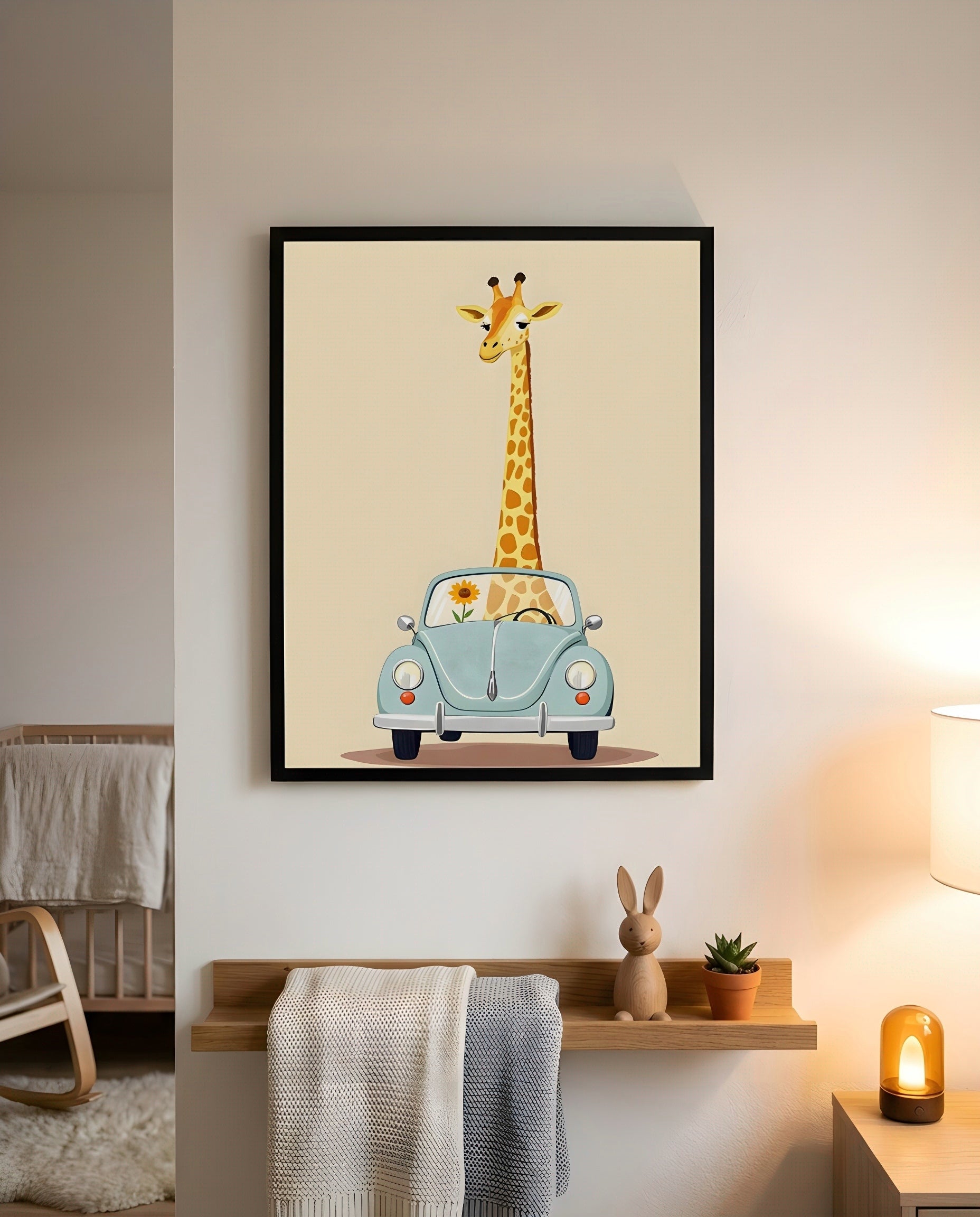 Nursery Giraffe Vintage Car Retro Flat Character Printable Wall Art — displayed in a styled home setting